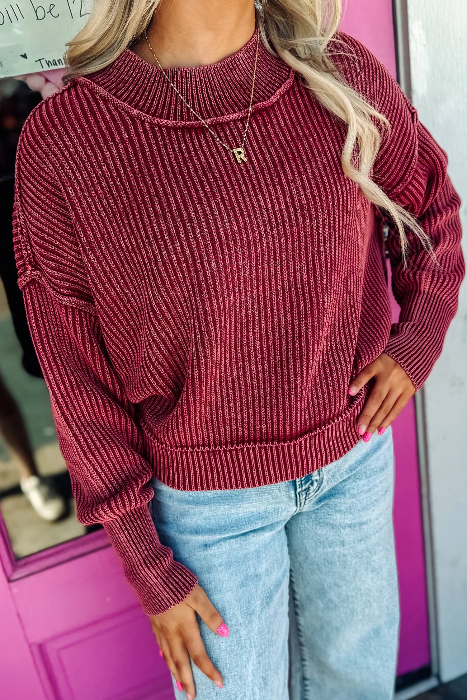 Red Dahlia Drop Shoulder High Neck Ribbed Sweater c8d4be947d094ff2