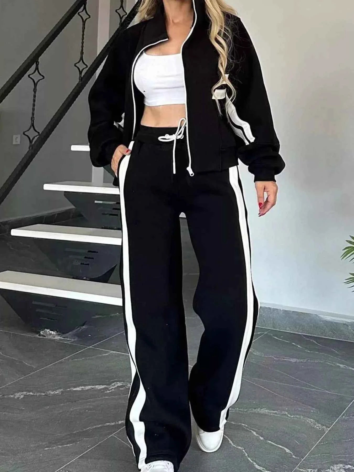 Full Size Contrast Stripe Zip Up Jacket and Pants Set Plus Size Black c8d4ea32b78a484797a4eeb04acdda2a-Max-Origin