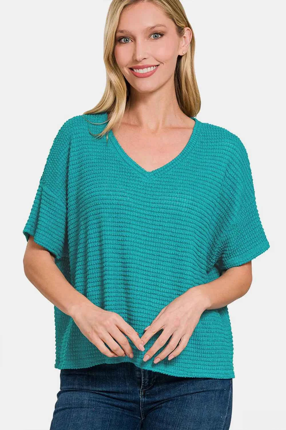 Zenana Drop Shoulder Short Sleeve Jacquard Knit Top Lt Teal c8d5499b-9a37-4af0-810c-ce238a19f640-Max