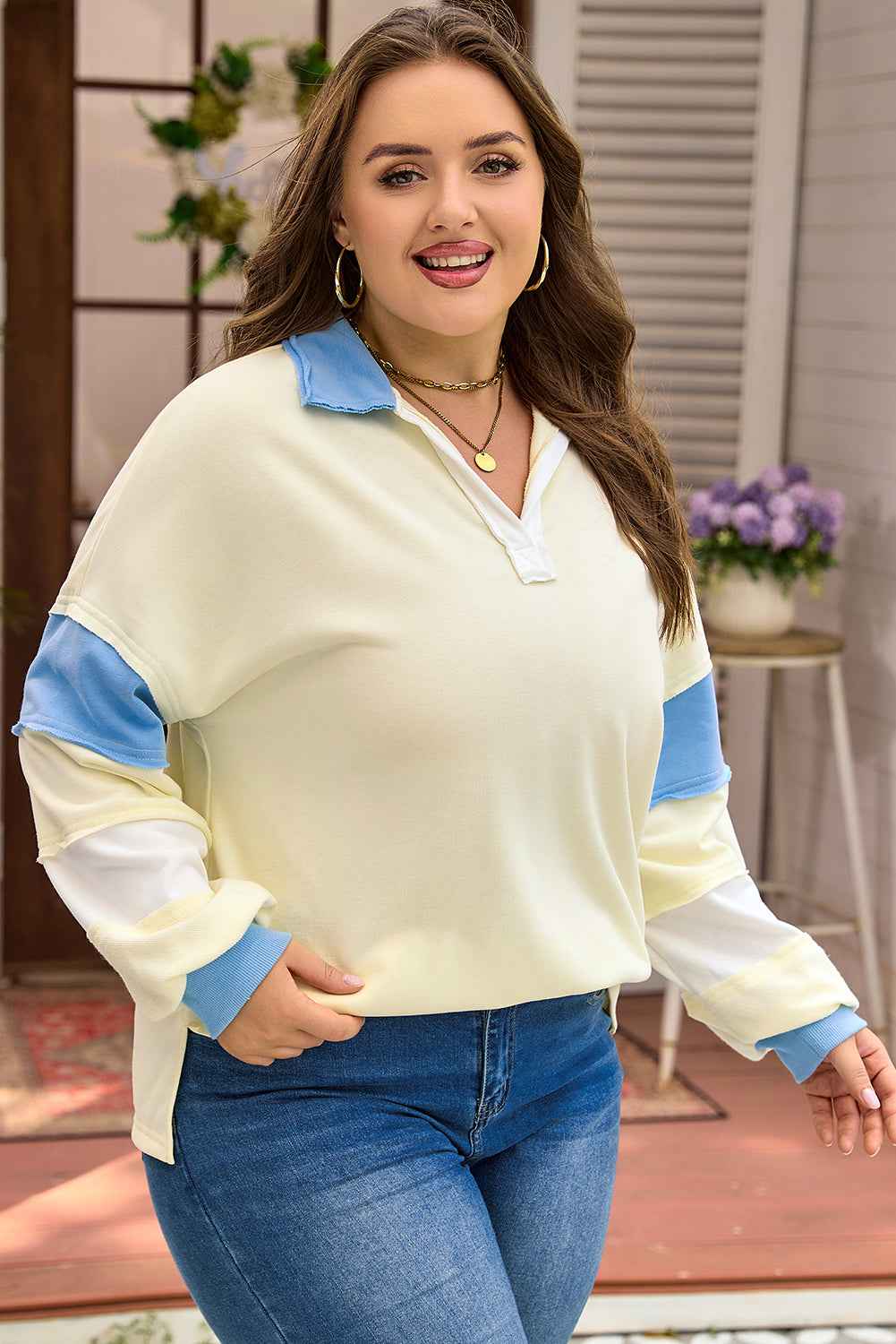 Yellow Cream Raw Seam Color Block Patchwork Plus Size V Neck Pullover c8dbd1b57162367d