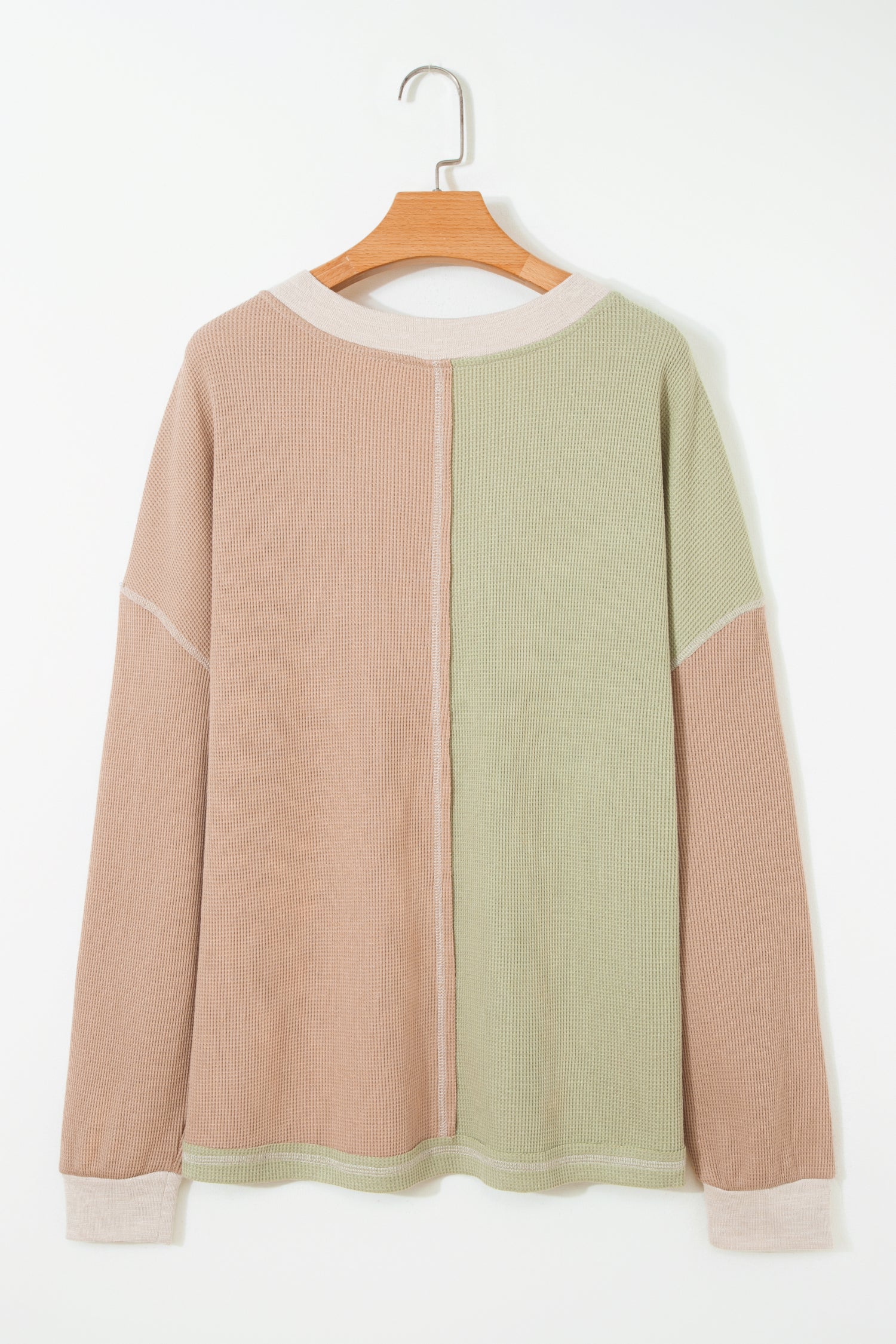 Green Plus Mixed Texture Color Block Patchwork V Neck Long Sleeve Top c8de349aebb98115