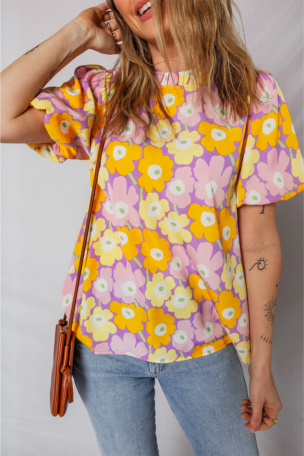 Purple Frilled Neck Puff Short Sleeve Flower Top c8e70bc251a2734d