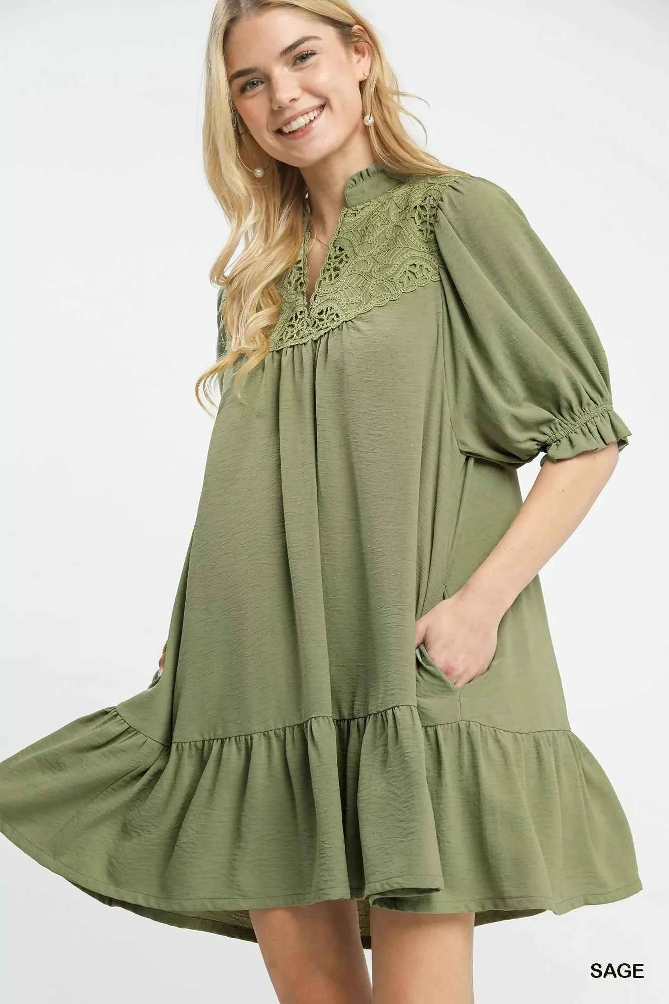 Umgee Lace Yoke Tiered Mini Dress SAGE c8ece766-1eeb-412f-a11c-074cd15cb9b9-Max-Origin