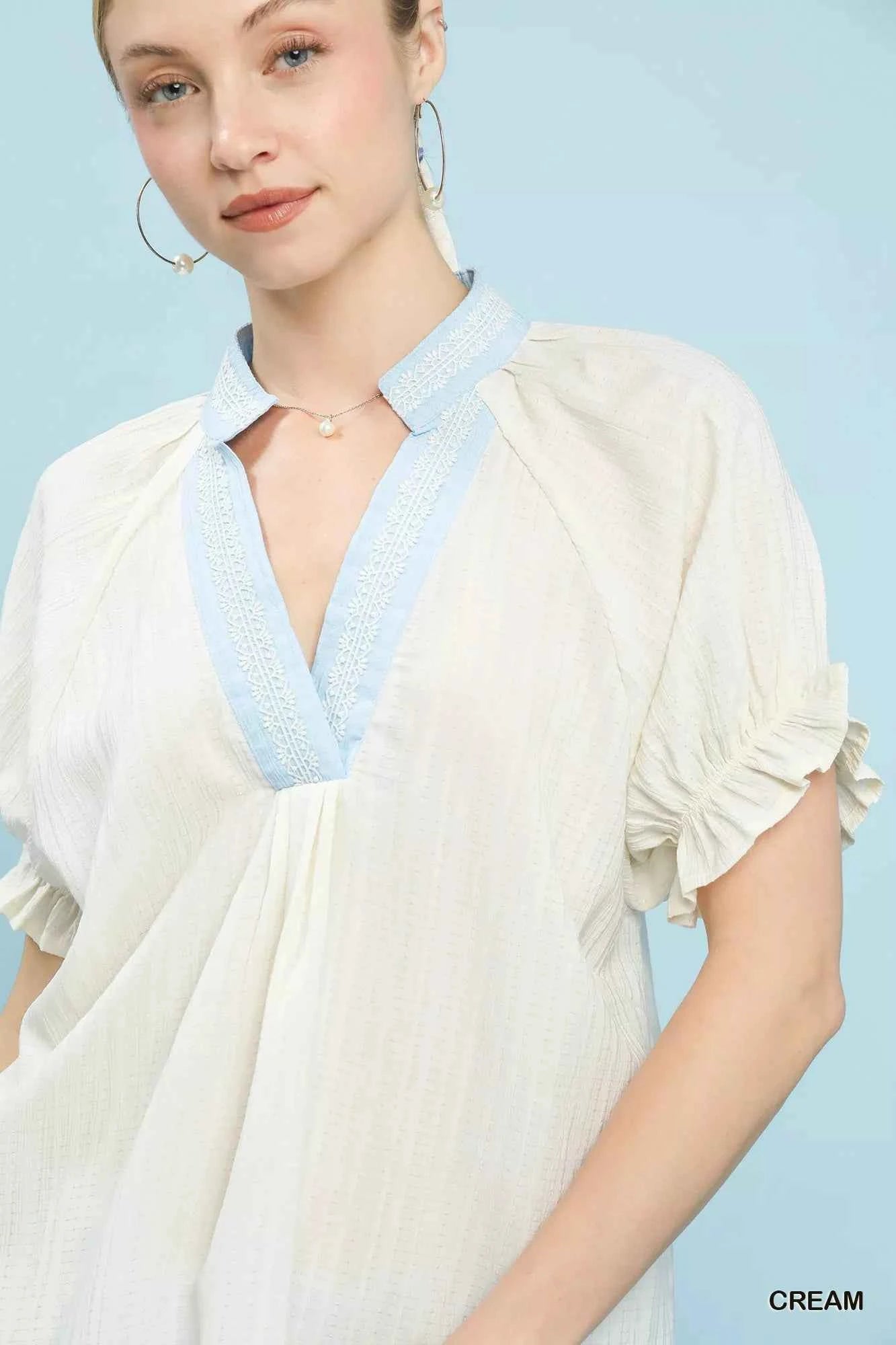 Umgee Textured V-Neck Top with Lace Trim Details c8ed6d26-3fe6-4ca1-b0ff-2f52a7488911-Max-Origin