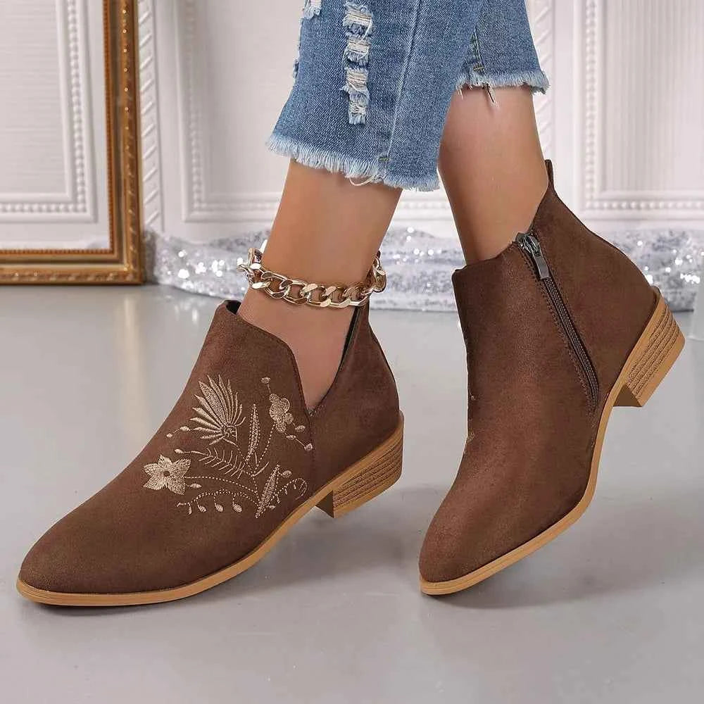 Embroidered Suede Point Toe Block Heel Boots Brown c8f38573-3e42-4f9c-83e1-aa8abedf9c9c-Max