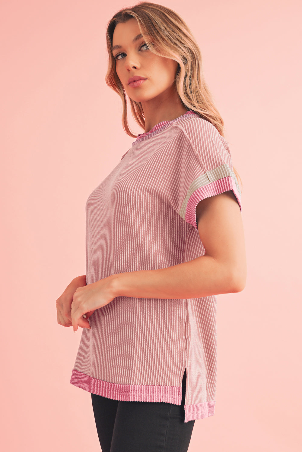 Rose Red Textured Colorblock Round Neck T Shirt c8f4e6a809de5d79