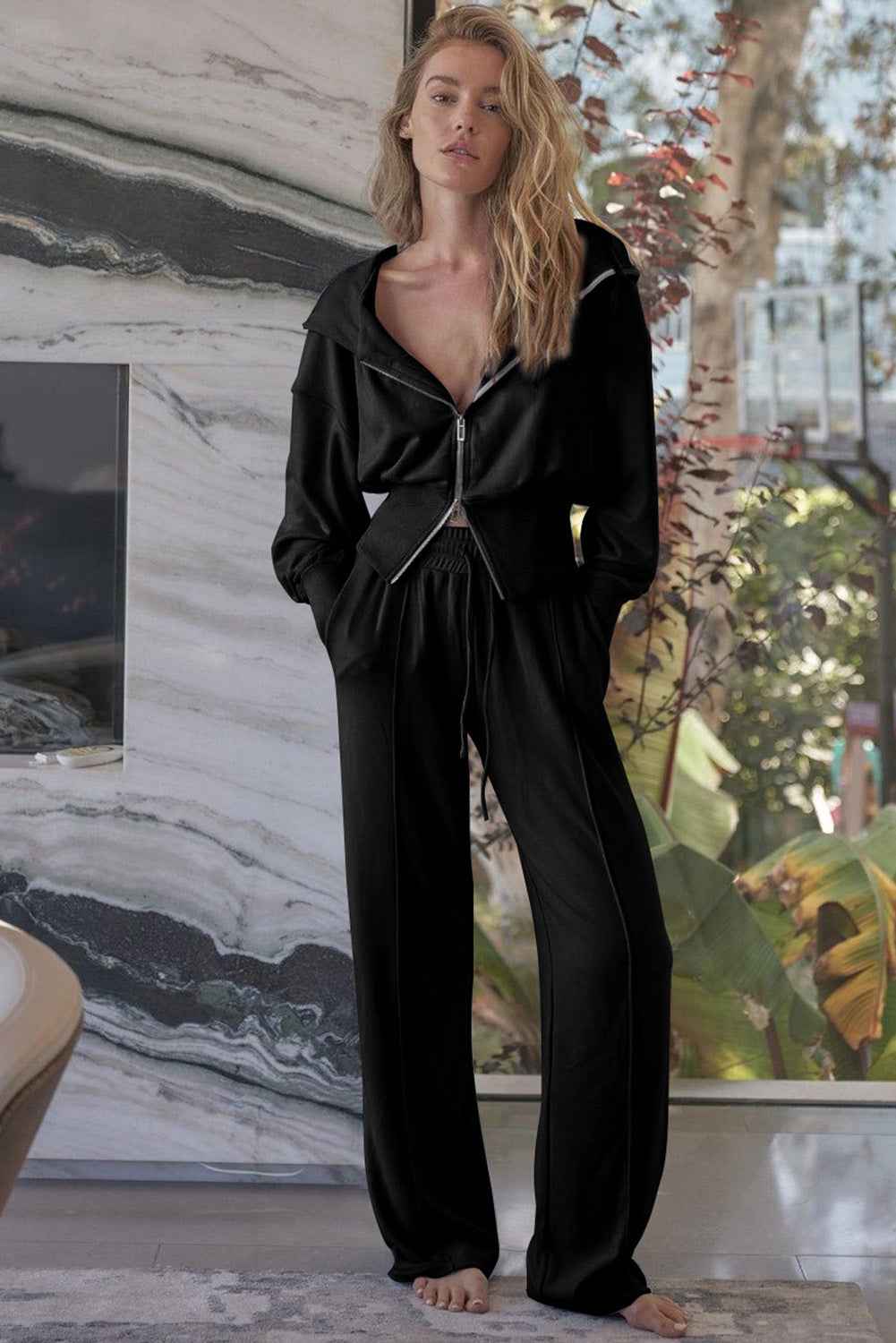 Black Double Zipper Hooded Jacket and Sweatpants Active Set c8f69afe79e50531