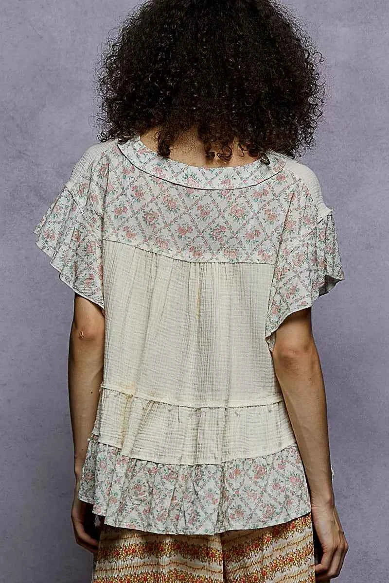 POL Floral V-Neck Short Sleeve Ruffled Double Gauze Blouse with Embroidery Detail c8f968e2-547e-42fa-b483-7f316d08c520-Max-Origin