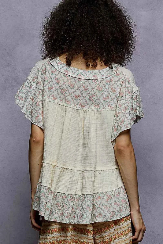 Floral V-Neck Short Sleeve Ruffled Double Gauze Blouse with Embroidery Detail c8f968e2-547e-42fa-b483-7f316d08c520-Max-Origin