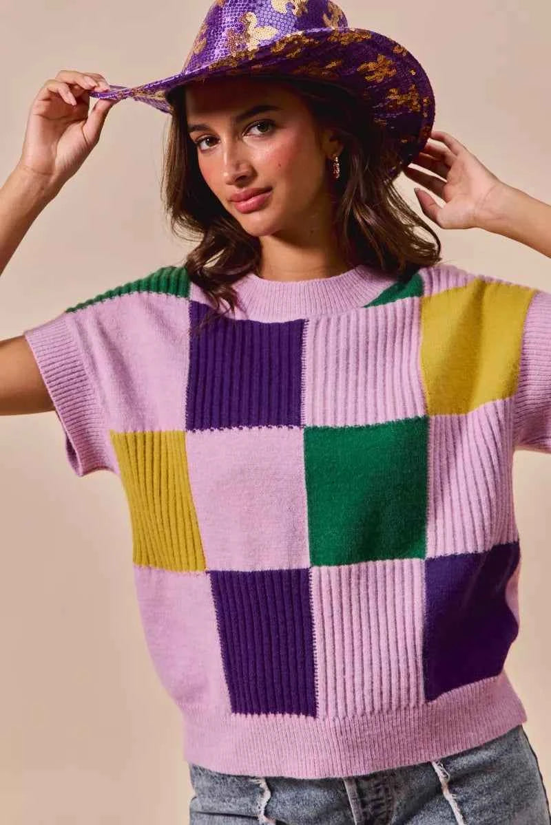 SO ME Mardi Gras Check Plaid Casual Sweater Top c8fe8eb46bc54468923196e032269960-Max-Origin