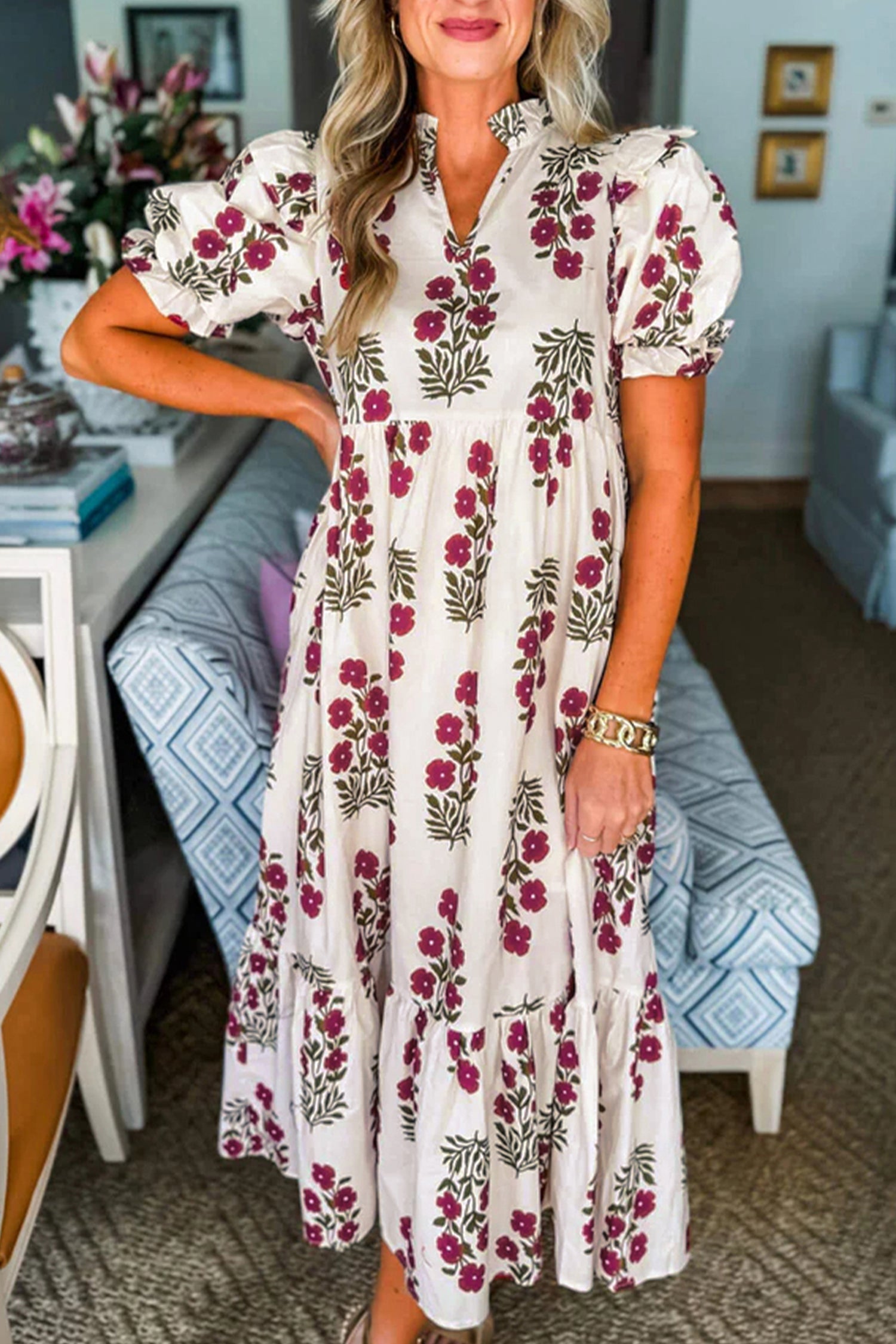 Black Floral Short Bubble Sleeve Tiered Maxi Dress Beige 100%Cotton c9003e8d4750e191