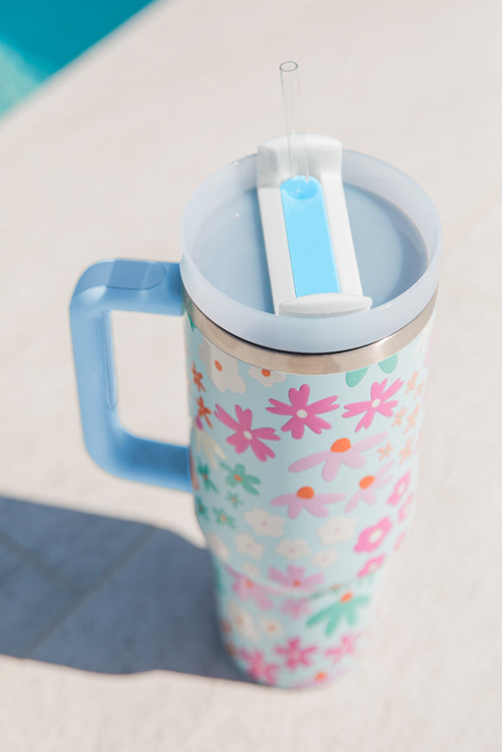 Beau Blue Cute Flower Print Handled Cup with Straw 40oz c902125f3a4a4eb1