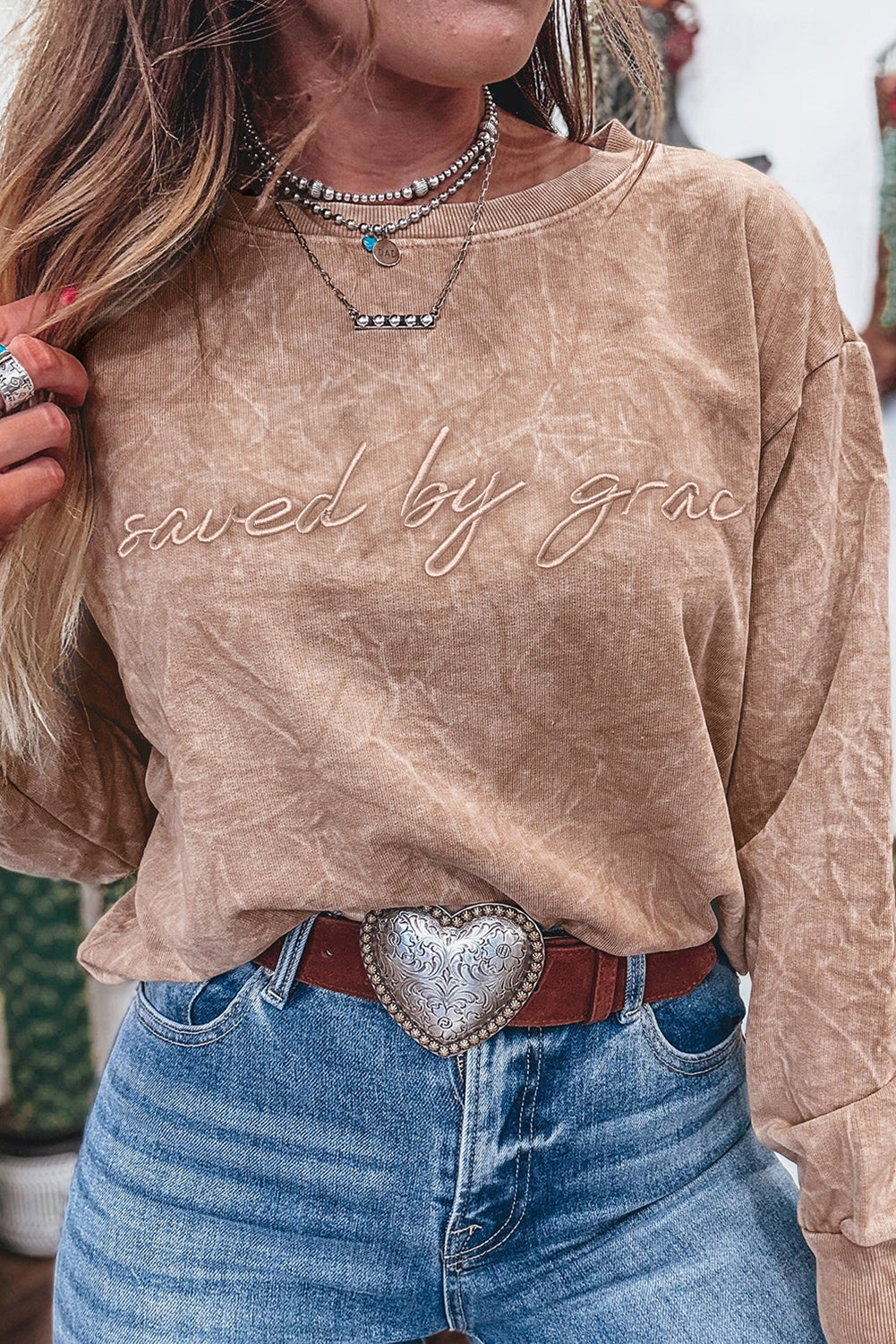 Sea Green saved by grace Letter Embroidery Mineral Wash Loose Sweatshirt c90518e691fd072f