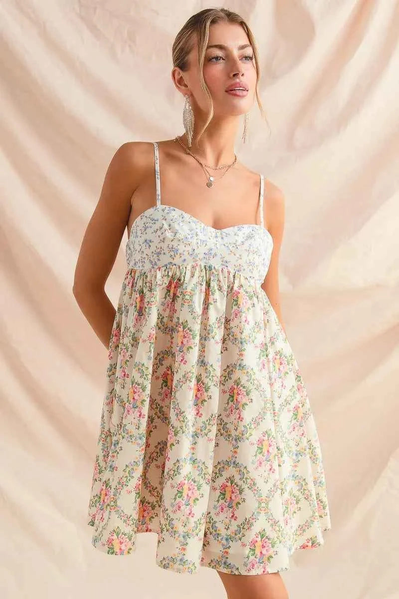 Mixed Floral Print Sleeveless Mini Dress CREAM COMBO c9053cf3825f4ae1a8848e5538be9d6e-Max-Origin