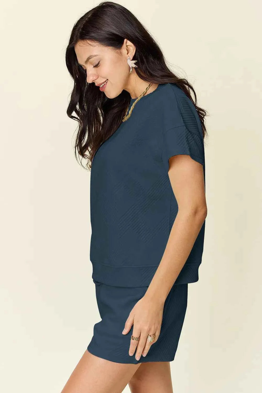Double Take Full Size Texture Short Sleeve T-Shirt and Drawstring Shorts Set c9062327-31af-49df-8b04-1b5884b8f91e-Max