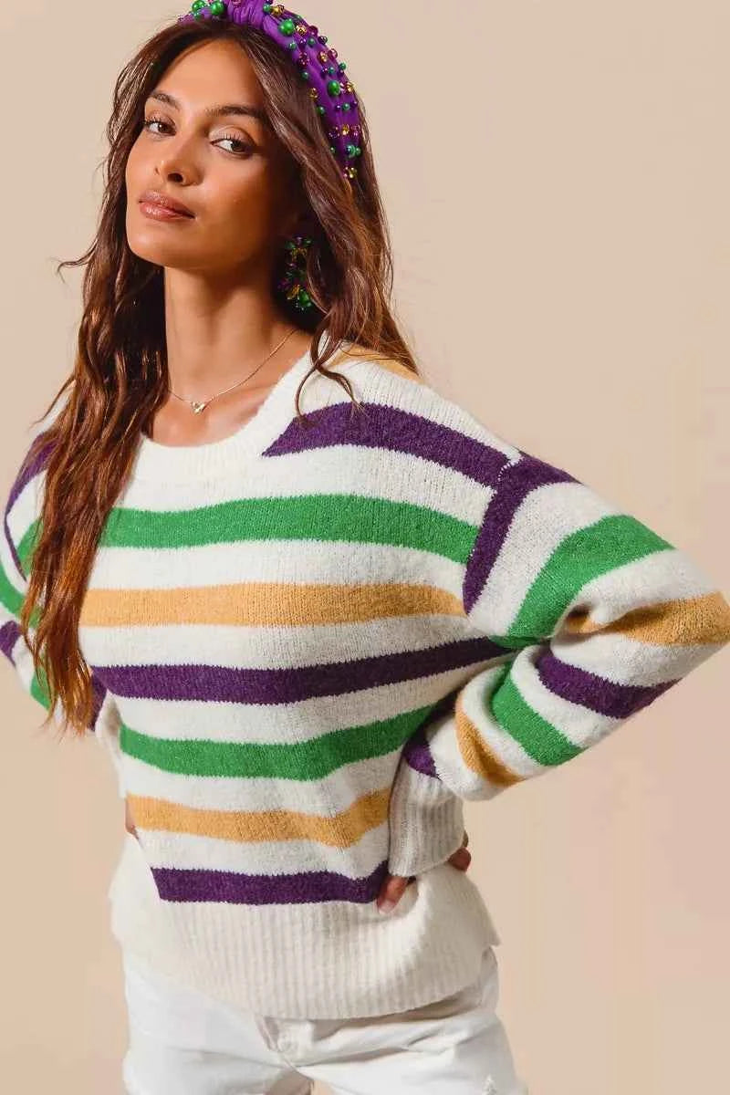 SO ME Mardi Gras Color Stripe Round Neck Sweater Top c908a4e9b69b4172be3548aad9ec65fa-Max-Origin