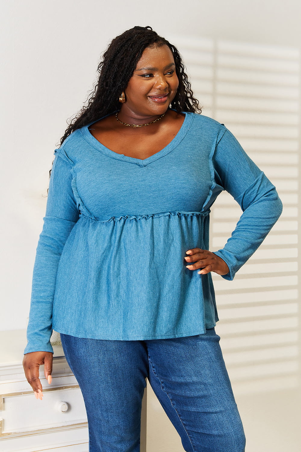 Jade By Jane Full Size Frill Trim Babydoll Blouse c90b06606f8245a0afc16e9fca26125f-Max
