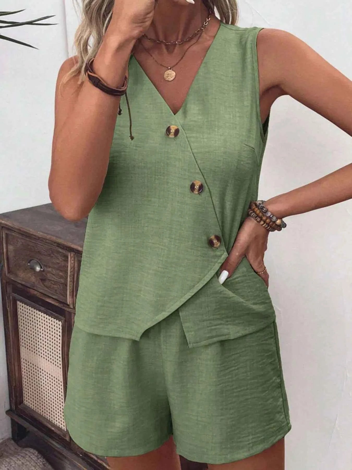 Button Up Vest and Shorts Set Matcha Green c90b289a6e2e493a8f683de21a3fe836-Max-Origin