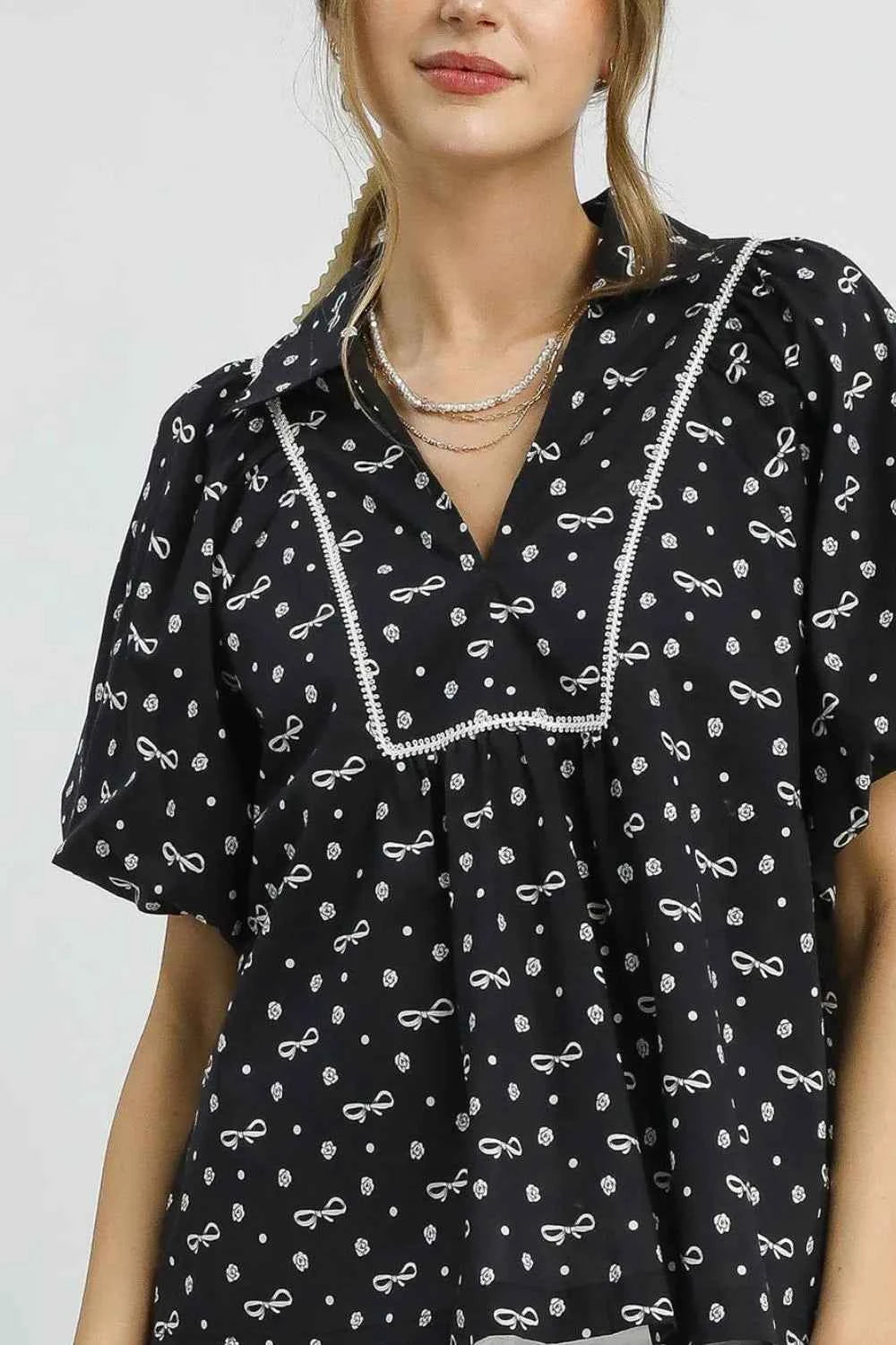 Umgee Bow Print Puff Sleeve Blouse c90cfe55-6d9c-418e-8207-65eb211482a7-Max-Origin