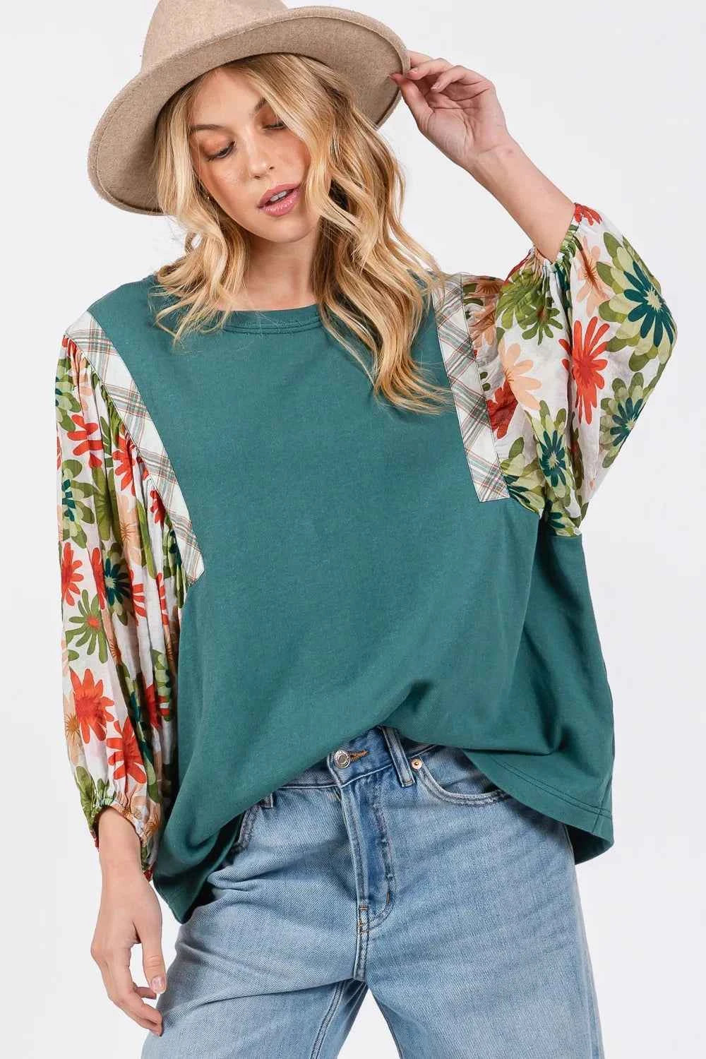 SAGE + FIG Full Size Printed Balloon Sleeve Contrast Top Teal c90dacf9-6f96-435f-80ea-ea7568ef38f0-Max