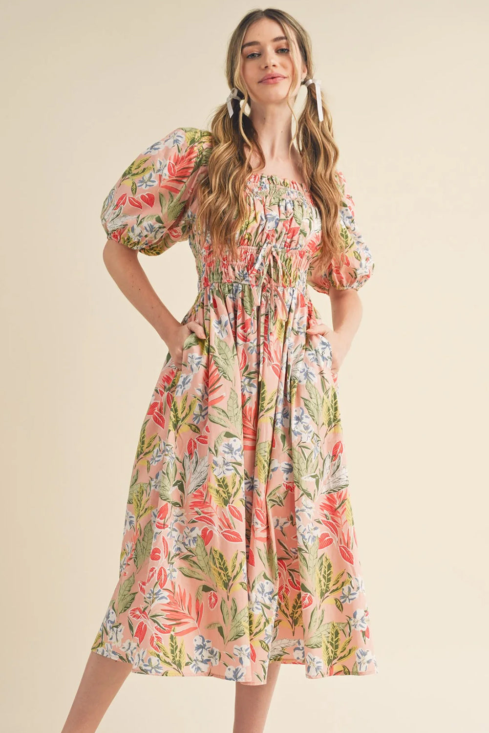 Apricot Pink Floral Knot Front Smocked Bubble Sleeve Dress c9134add65eb31a2