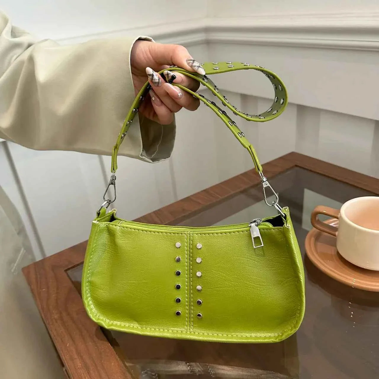 PU Leather Studded Shoulder Bag Green onesize c914686bc33b46eaa0f44d756678d11a-Max-Origin