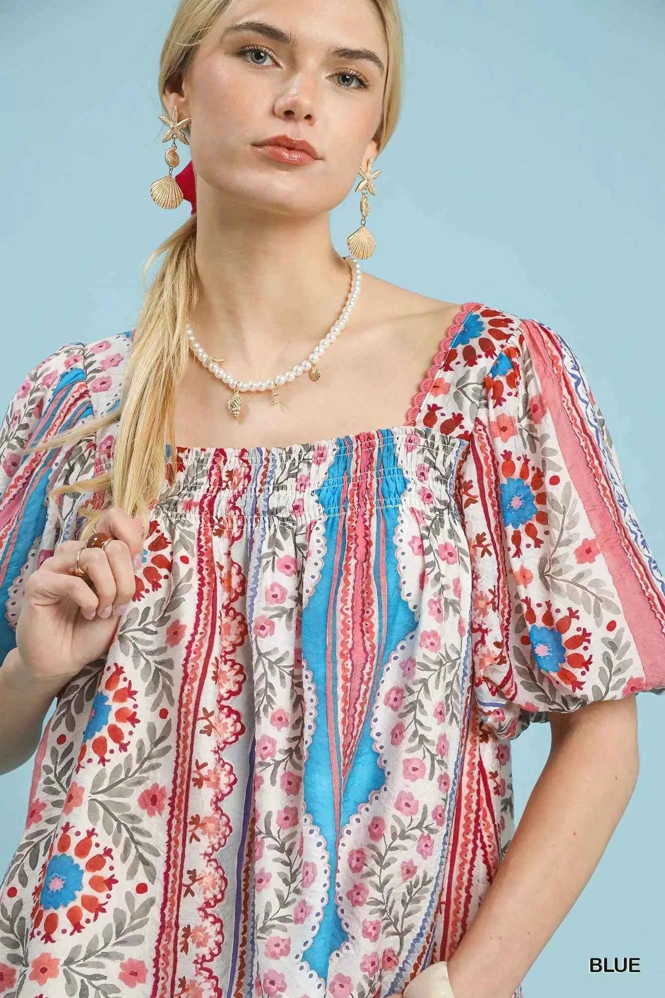 Umgee Patchwork Puff Sleeve Smocked Blouse