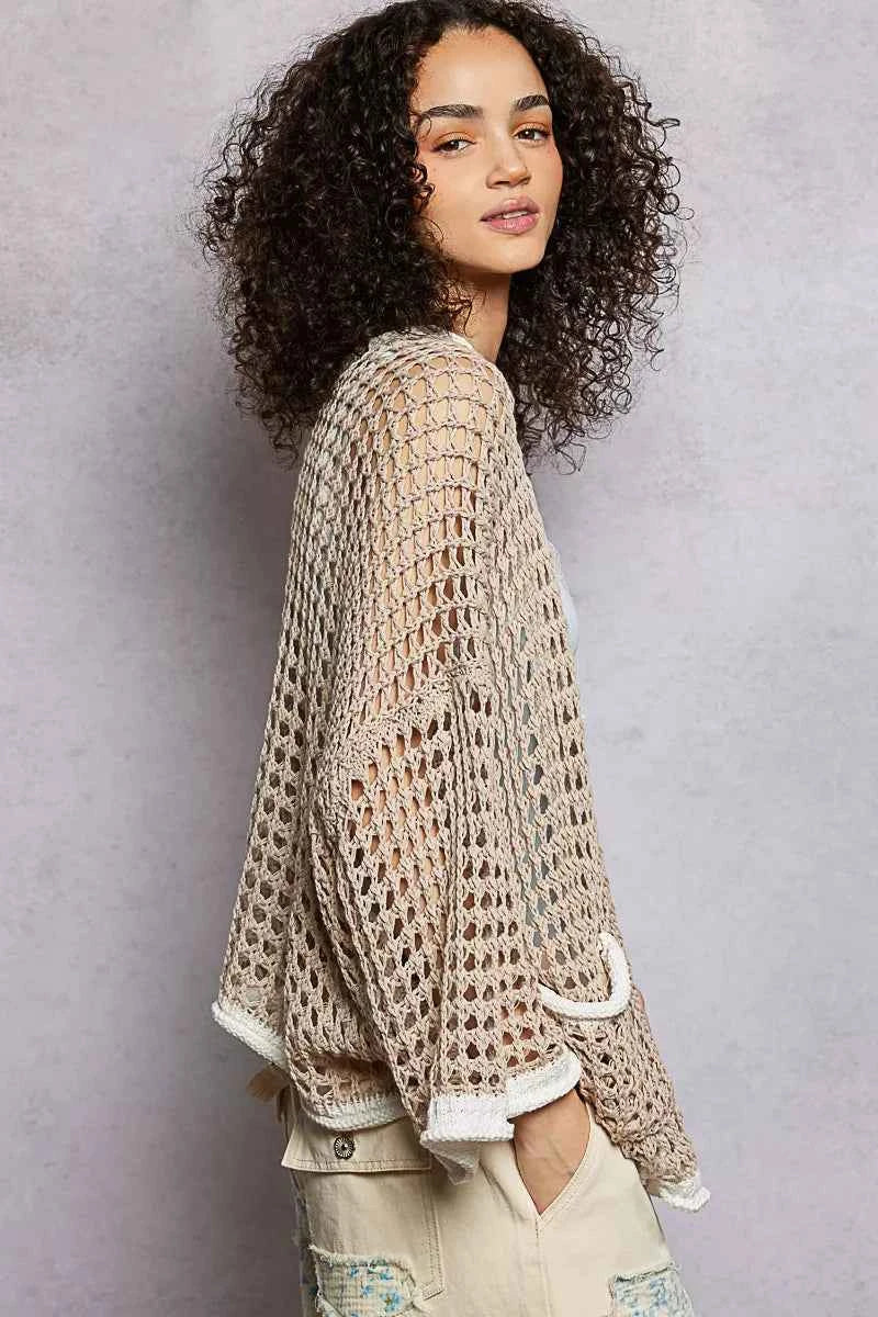 POL Open Front Openwork Cardigan with Contrast Trim c91bf9c6-50e3-49ae-b02c-78442c727829-Max-Origin