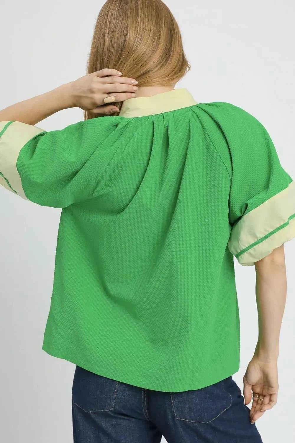Umgee Contrast Trim Notched Puff Sleeve Blouse c91de16d-8e6f-48c2-af43-8709d8b101e1-Max-Origin