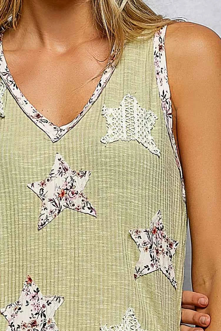 POL Floral Print Star Patch V-Neck Ribbed Tank c922de52-515c-48db-9319-70b3dacba17d-Max-Origin
