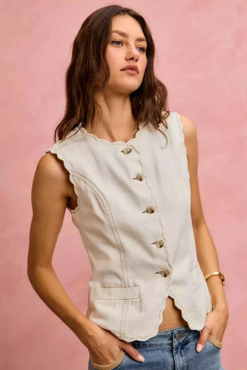 SO ME Scalloped Edge Cotton Twill Washed Vest Top c926665b219f4bf4899275ace2016b8b-Max-Origin