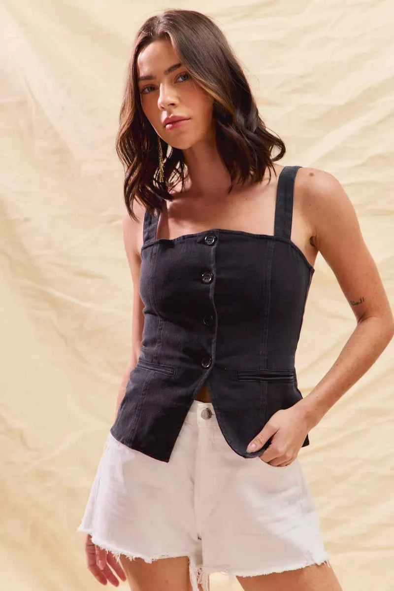 SO ME Button Down Sleeveless Game Day Fitted Denim Top c9276fafa95e4c249594143e4338ce6d-Max-Origin