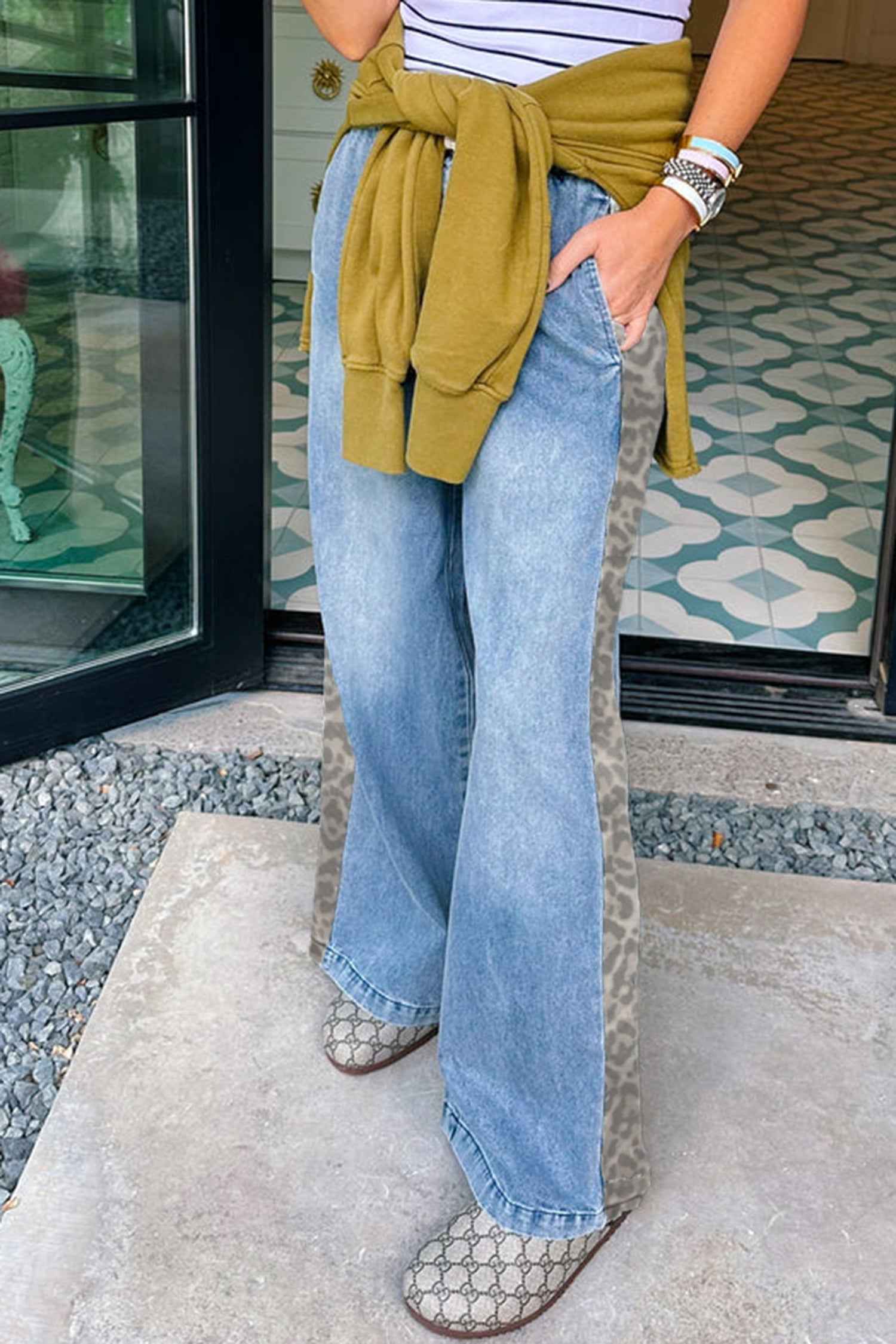 Beau Blue Drawstring Elastic Waist Leopard Striped Side Panel Wide Leg Jeans c92b6878cb3816e5