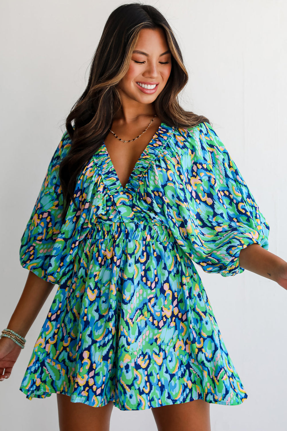 Pink Abstract Print Dolman Sleeve V Neck High Waist Romper c92f075e48878043