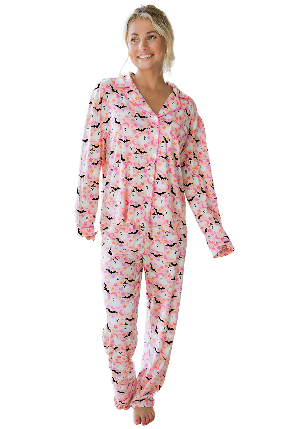Pink Cute Floral Halloween Ghost Print Long Pajama Set Pink 95%Polyester+5%Elastane c93089b0e3ddc456