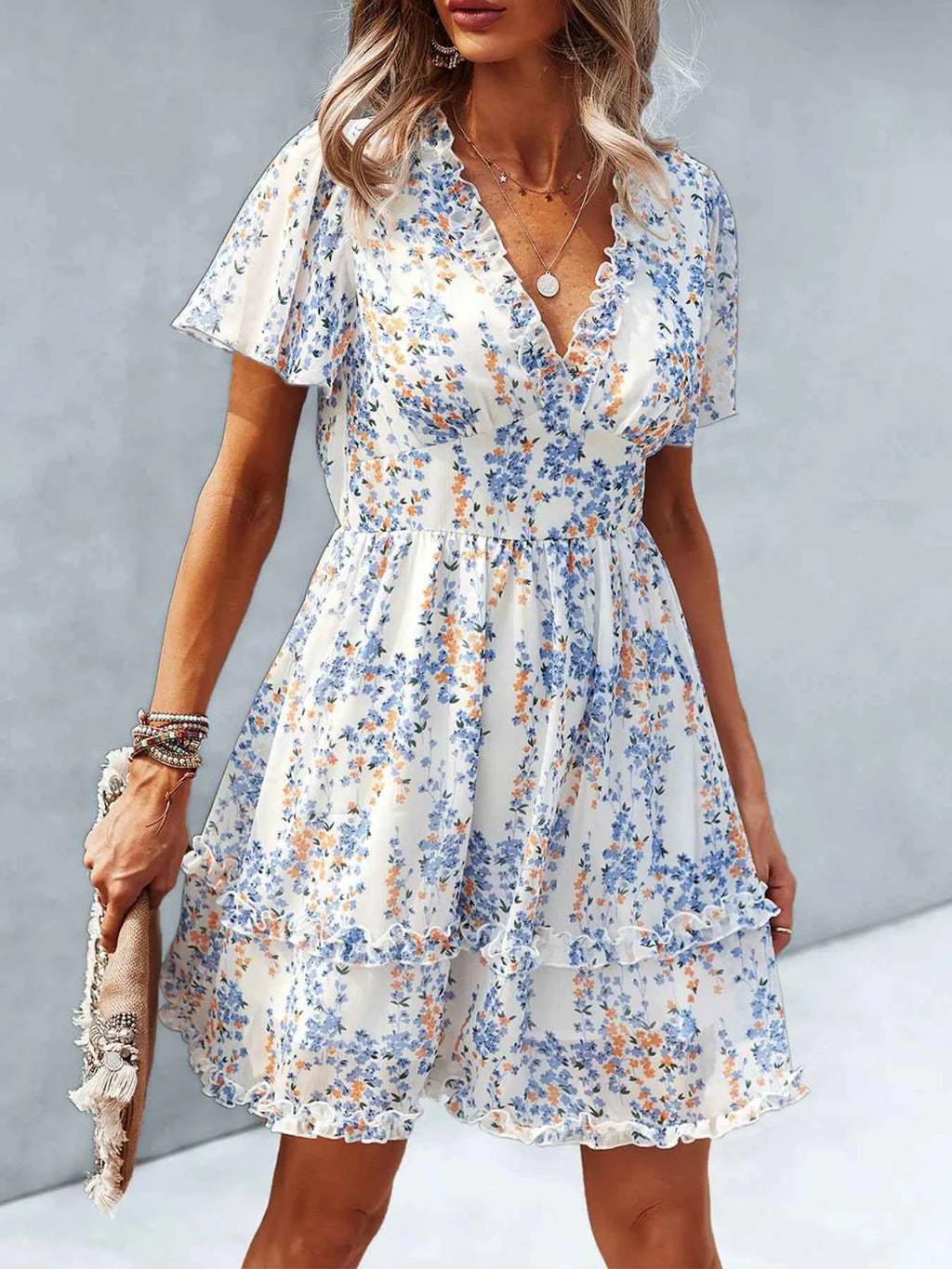 Floral Wrap Dress with Flutter Sleeves White c9338fce166846b385e9b80bdc649cab-Max-Origin