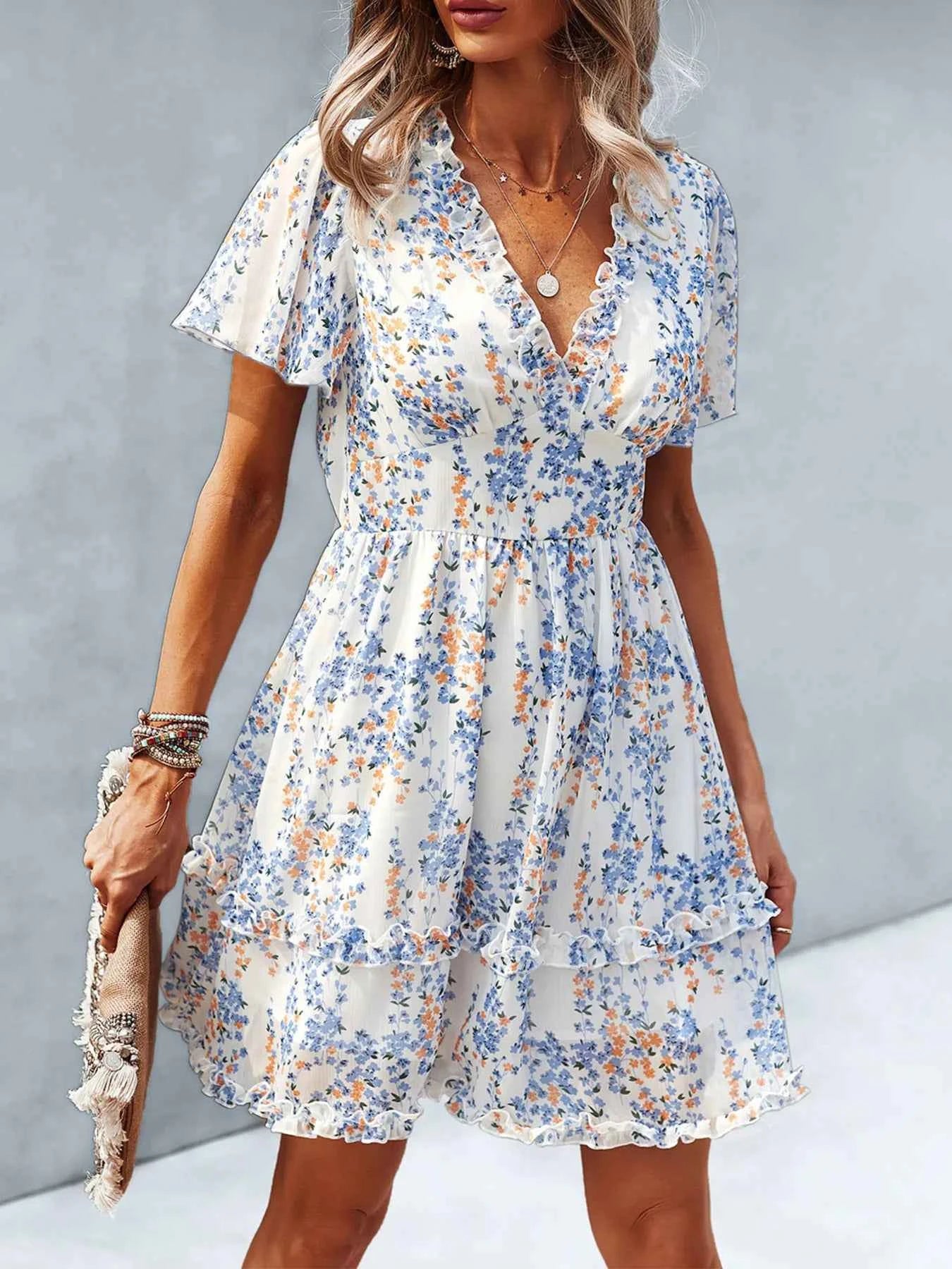 Floral Wrap Dress with Flutter Sleeves White c9338fce166846b385e9b80bdc649cab-Max-Origin