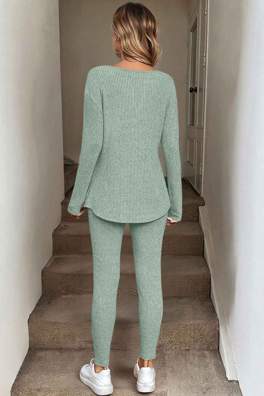 Racing Red Ribbed Notched Neck Knit Long Sleeve Leggings Two Pieces Lounge Set c9397fb0cbd395b5
