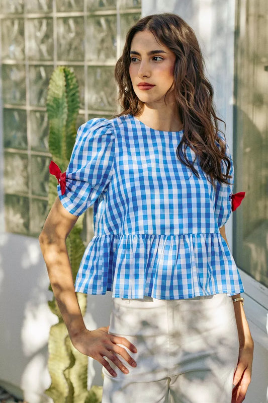 4th Of July Gingham Ribbon Detail Short Sleeves Blouse c940c45d-c328-4267-be2a-f59ac937dbfe-Max-Origin
