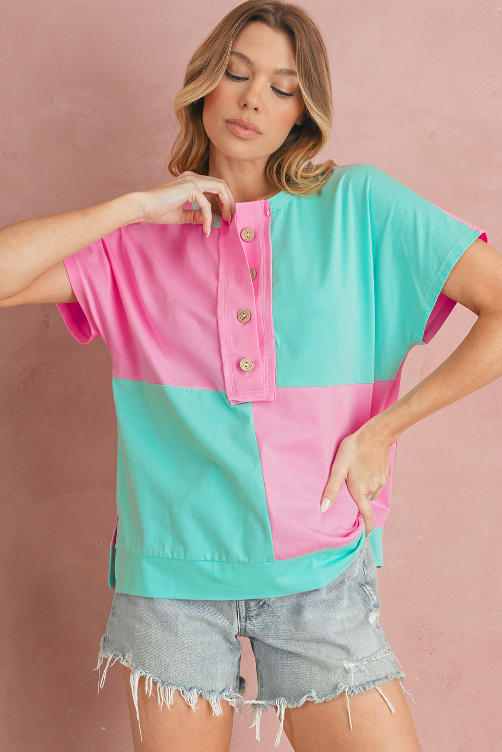 Mint Green Colorblock Half Buttons Henley T Shirt c9419d8279d5ed10