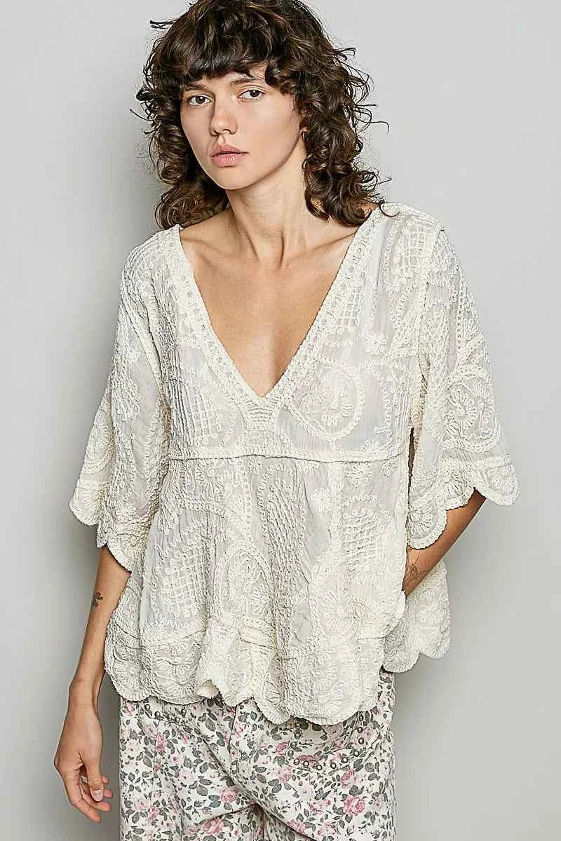 POL V-Neck Crochet Blouse with Scalloped Hem c94aec1b-7dca-456e-aecf-fb6a4f5947db-Max-Origin