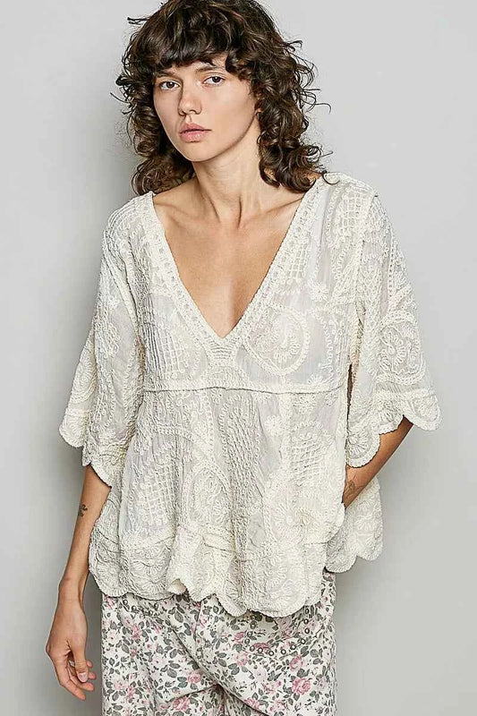 POL V-Neck Crochet Blouse with Scalloped Hem c94aec1b-7dca-456e-aecf-fb6a4f5947db-Max-Origin