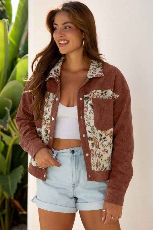 Floral Patchwork Ribbed Corduroy Shirt Jacket c94dc72d-26cb-43a1-b2e7-9896db3360a3