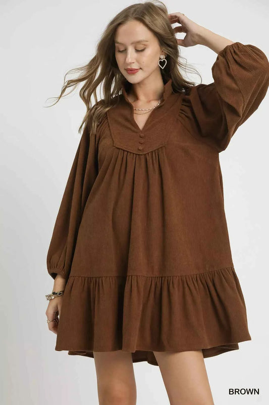 Corduroy Tiered Babydoll Dress Brown c9508550-b9f5-4a12-baa8-afcbd09ead95-Max-Origin