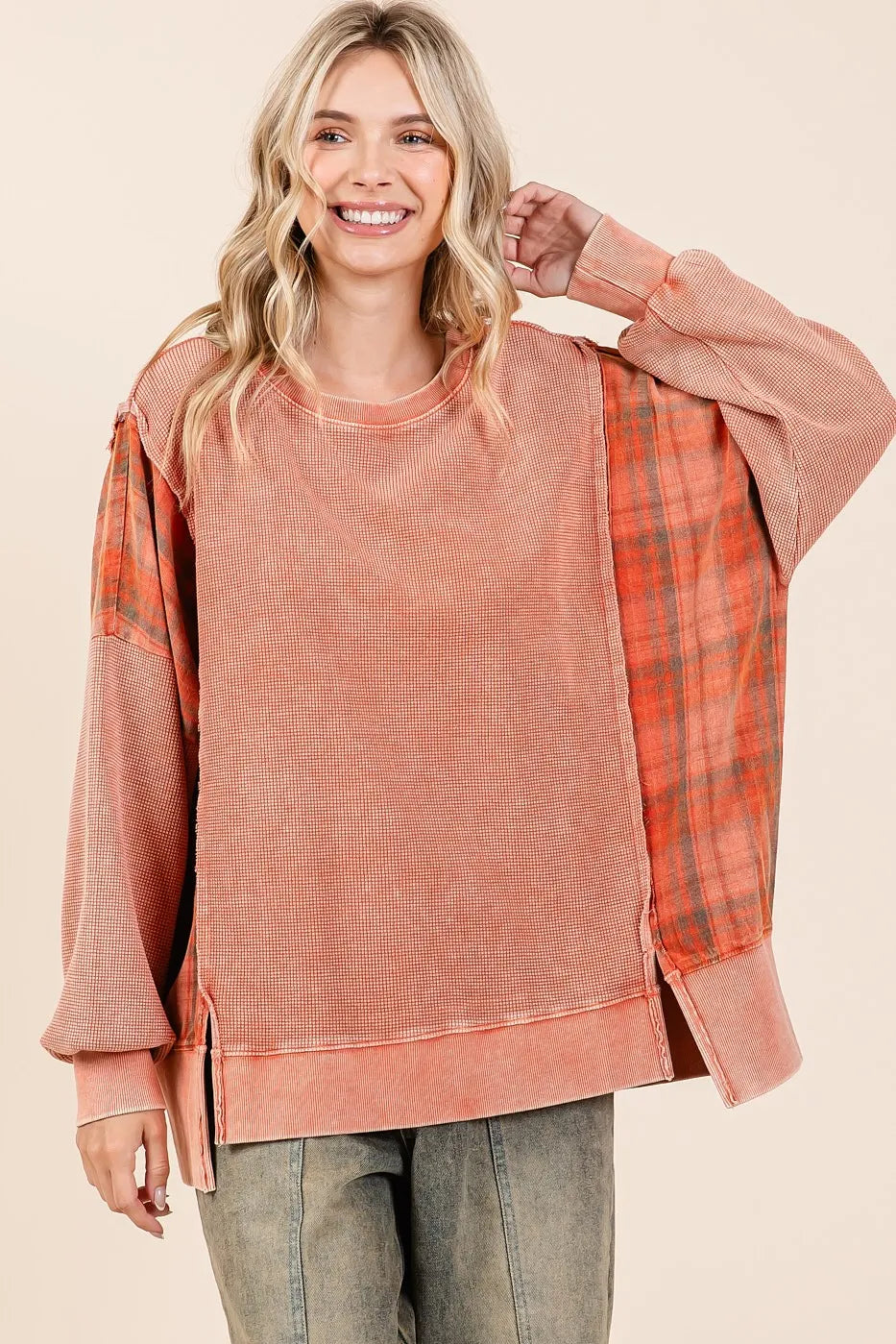 Mittoshop Plaid Panel Mineral Wash French Terry Sweatshirt FADED BRICK c9512f13a6da4730ba07ba807e2972b5-Max-Origin