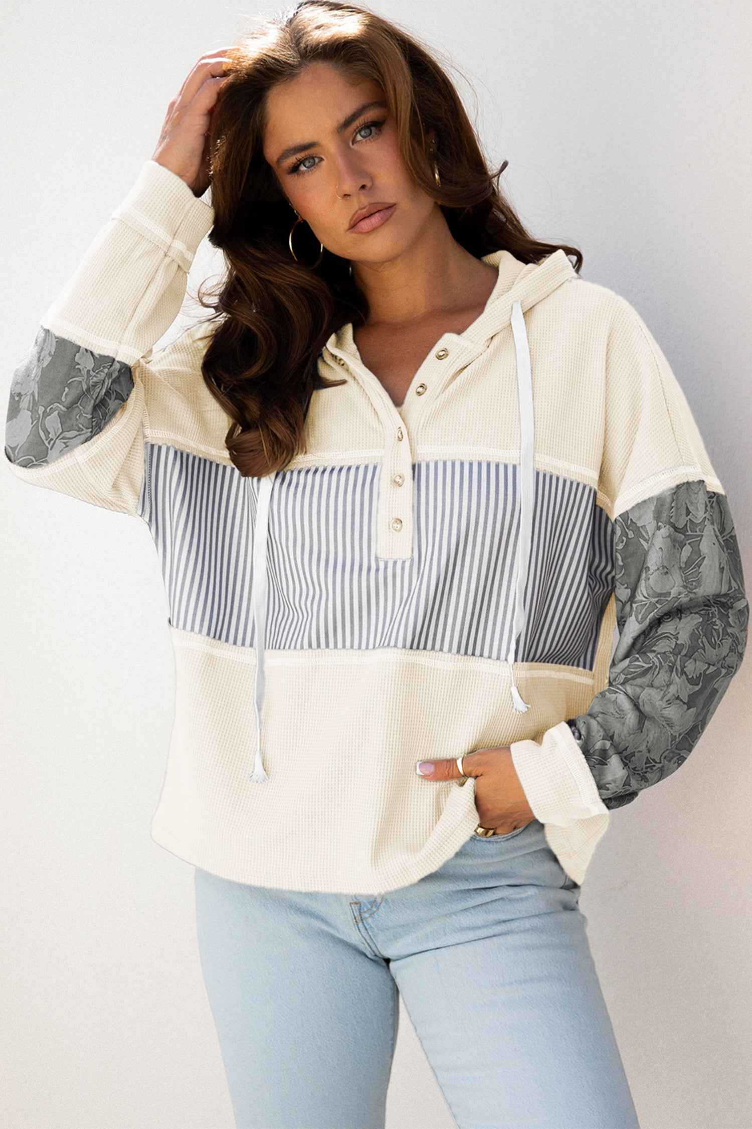 White Waffle Printed Patchwork Drawstring Hooded Long Sleeve Top White 75%Polyester+25%Cotton c952c18a1b664709