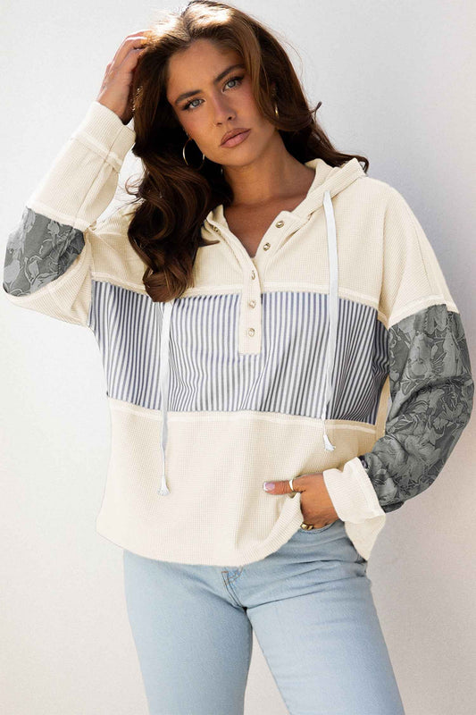 White Waffle Printed Patchwork Drawstring Hooded Long Sleeve Top White 75%Polyester+25%Cotton c952c18a1b664709
