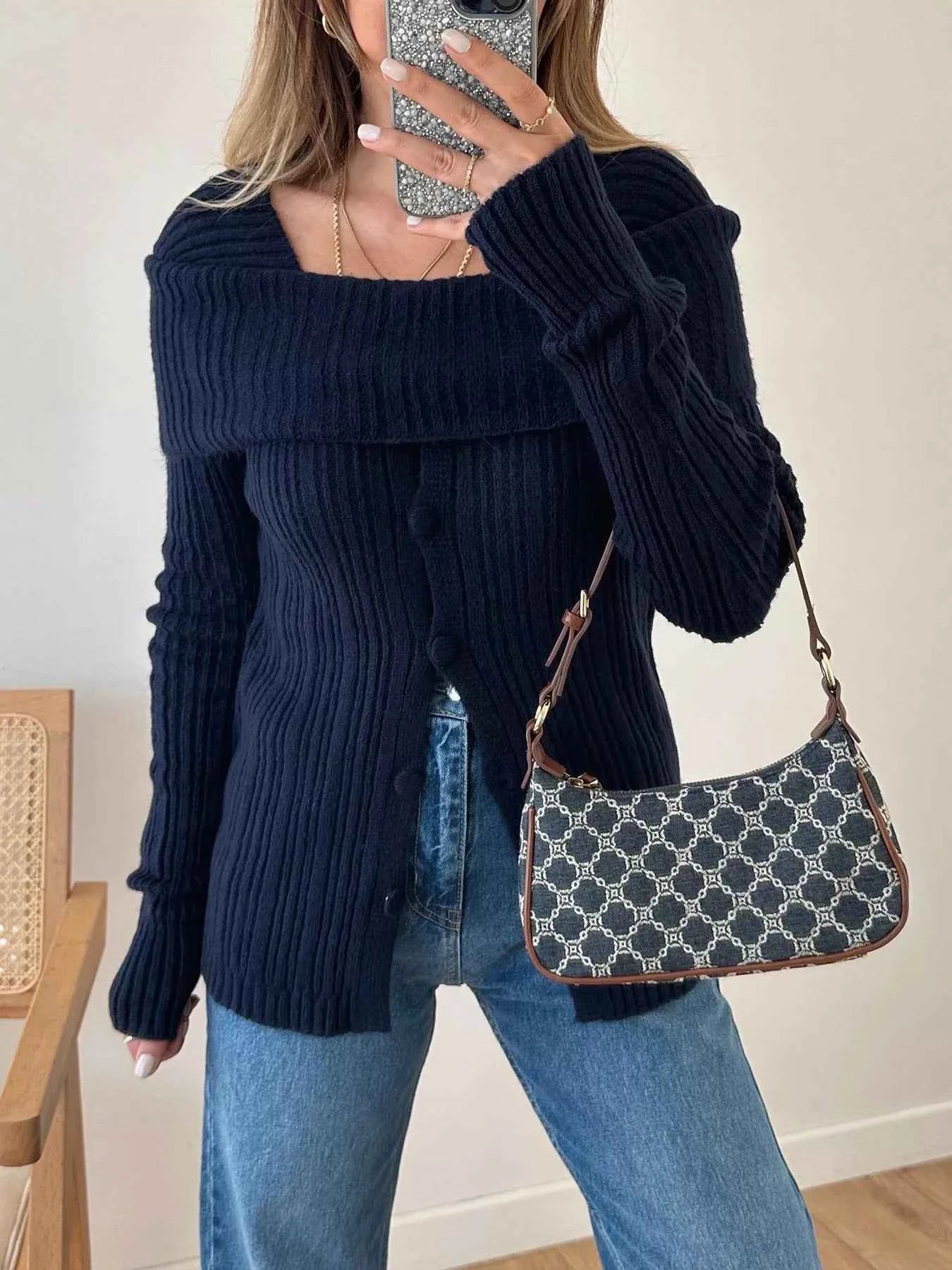 Textured Slit Front Long Sleeve Knit Top c95c938b-1d51-491d-b8eb-2c6dcacd1639-Max-Origin
