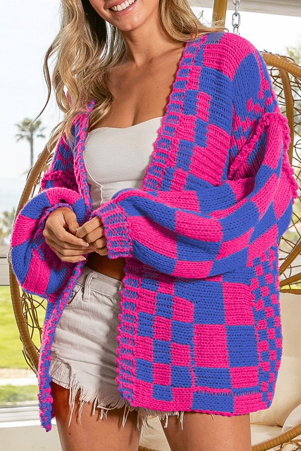 Dark Grey Colorblock Checked Loose Fit Open Front Knitted Cardigan c95edbe77b38bdfa