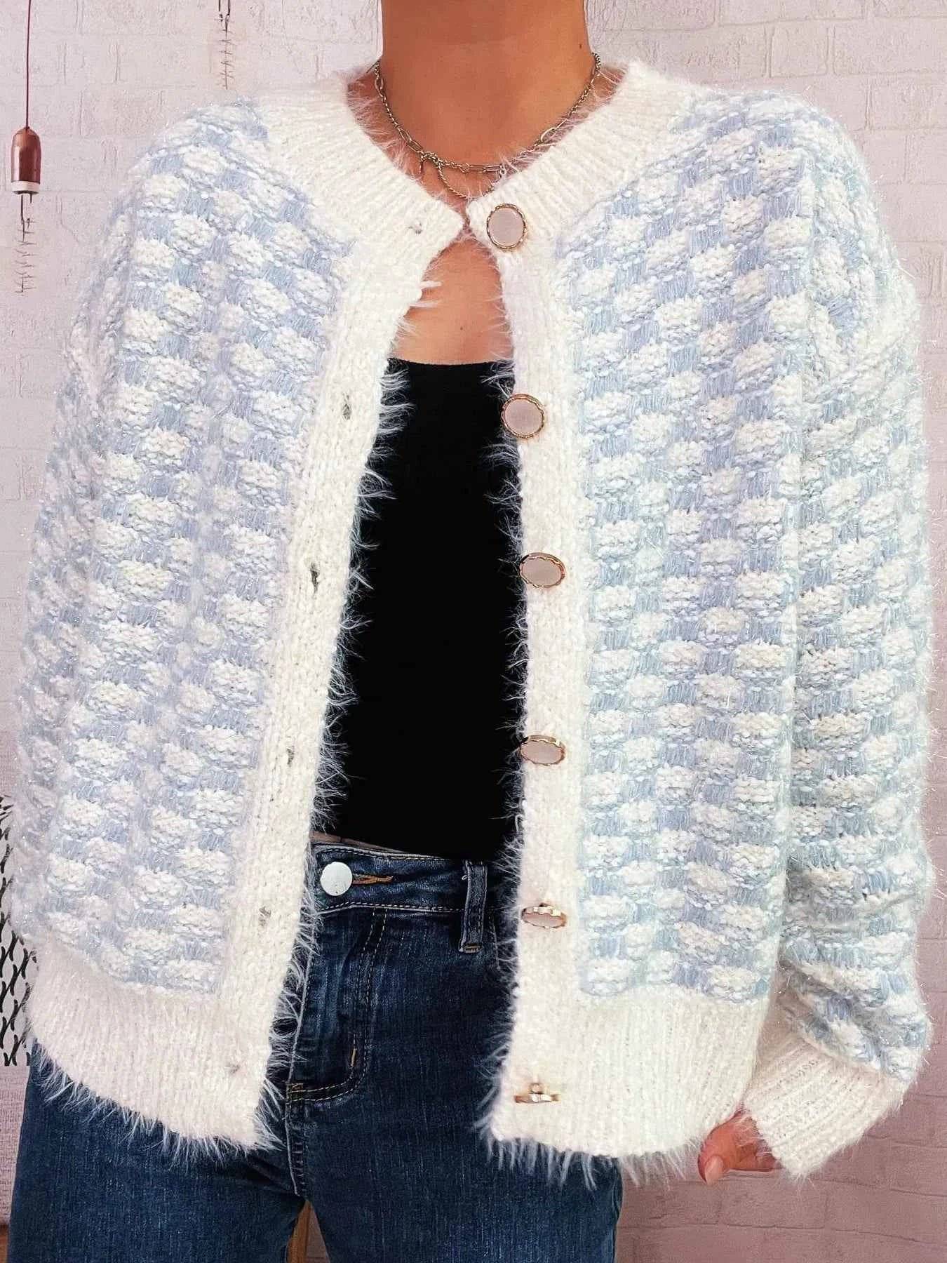 Fluffy Textured Button-Up Cardigan Blue One Size c96318f33dd54051ada122ce966f60b4-Max-Origin